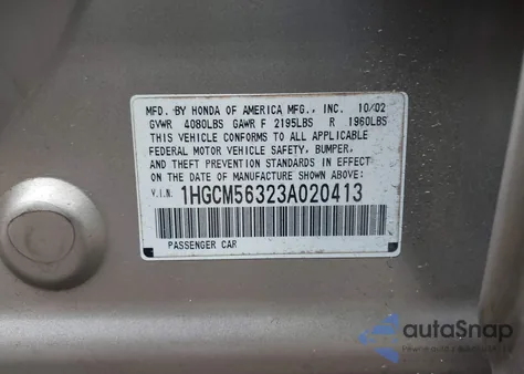 2003 Honda Accord 2.4 Lx from USA, damaged, VIN 1HGCM56323A020413